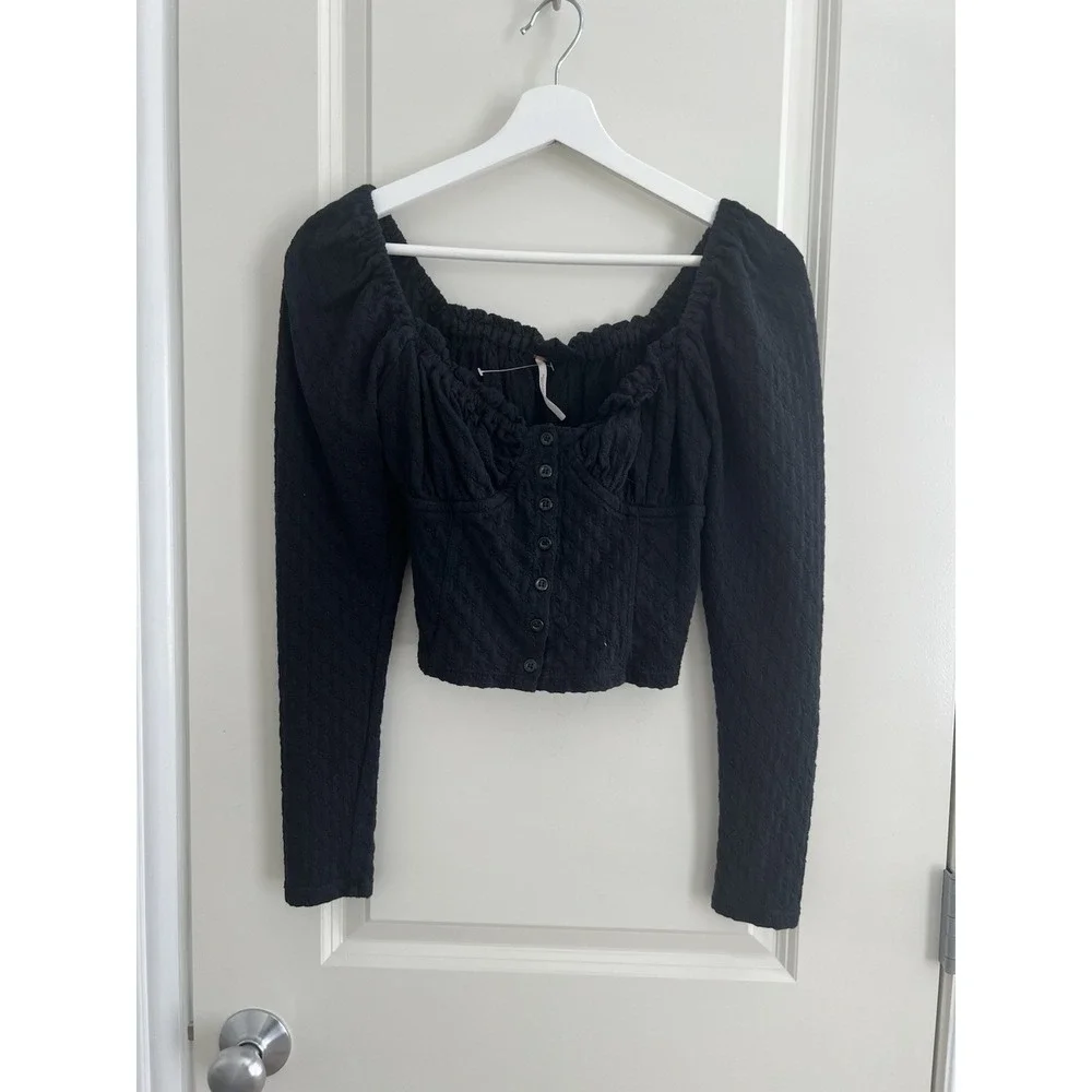 Free People Ladybug Long Sleeve Sweetheart Neck Top Black Size S Corset Boho